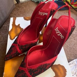 Hype pointed toe heels.  Red and black lace. Worn like new